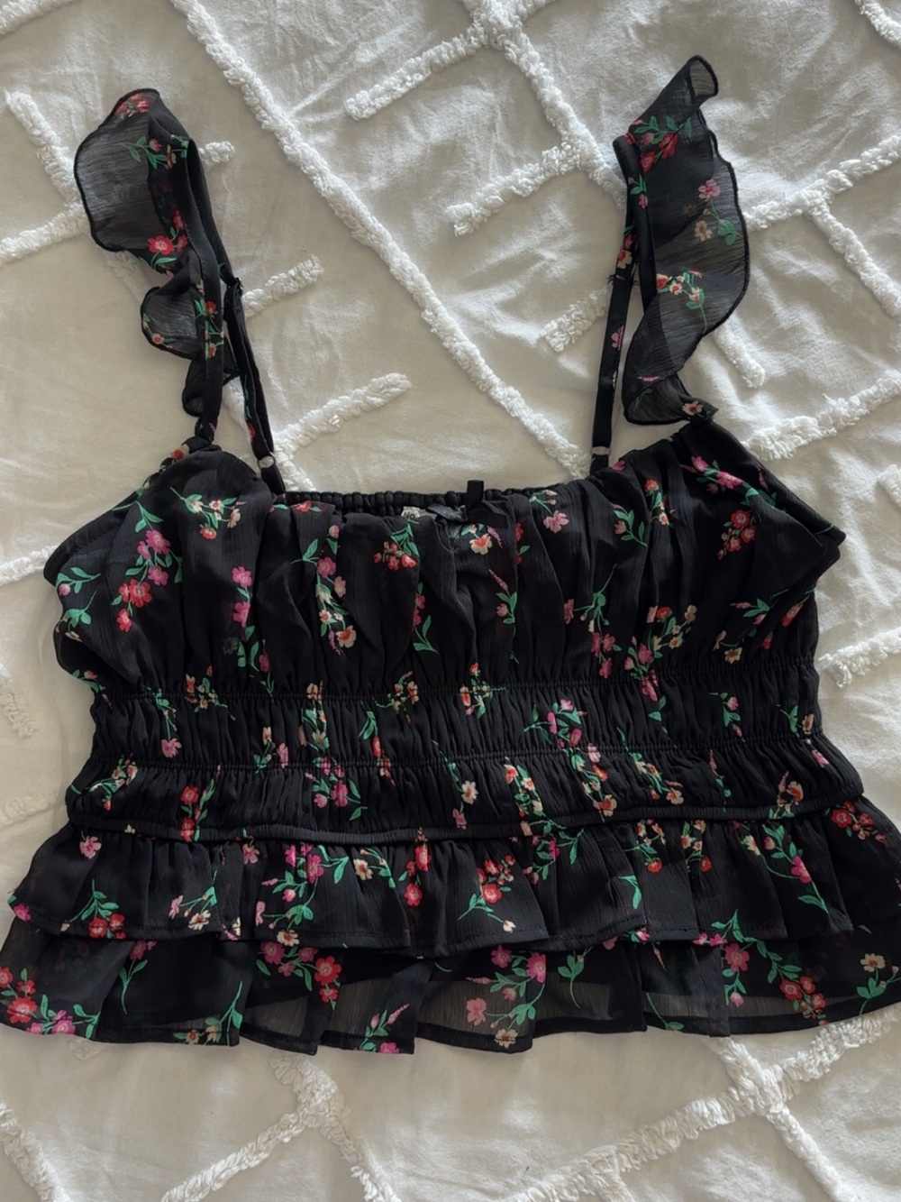 No Boundaries Black Floral Smocked Ruffle Camisole Top